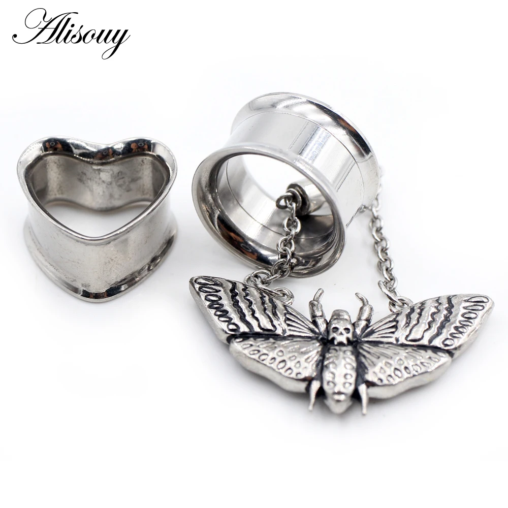 2PCS Stainless Steel Cat Butterfly Chain Skull Heart Ear Plugs Tunnels Expander Stretcher Gauges Earrings Piercing Body Jewelry