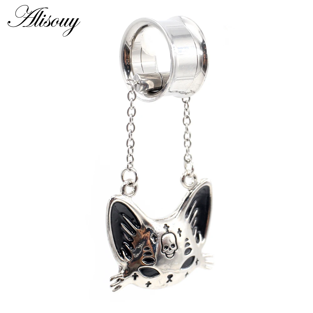 2PCS Stainless Steel Cat Butterfly Chain Skull Heart Ear Plugs Tunnels Expander Stretcher Gauges Earrings Piercing Body Jewelry