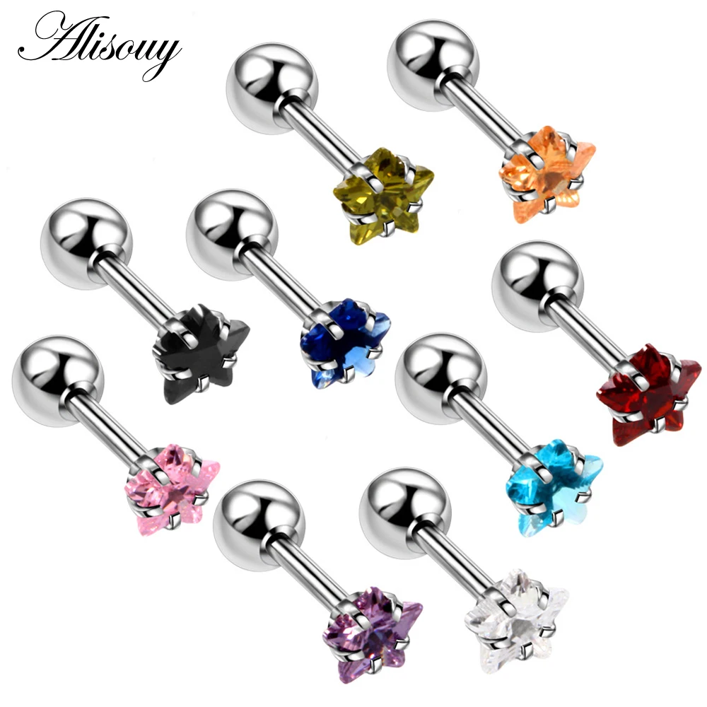 Alisouy 2pcs Star Prong Set Zircon Ear Cartilage Piercing Tragus Helix Studs Piercing Body Jewelry 16g Stianless Steel Earrings