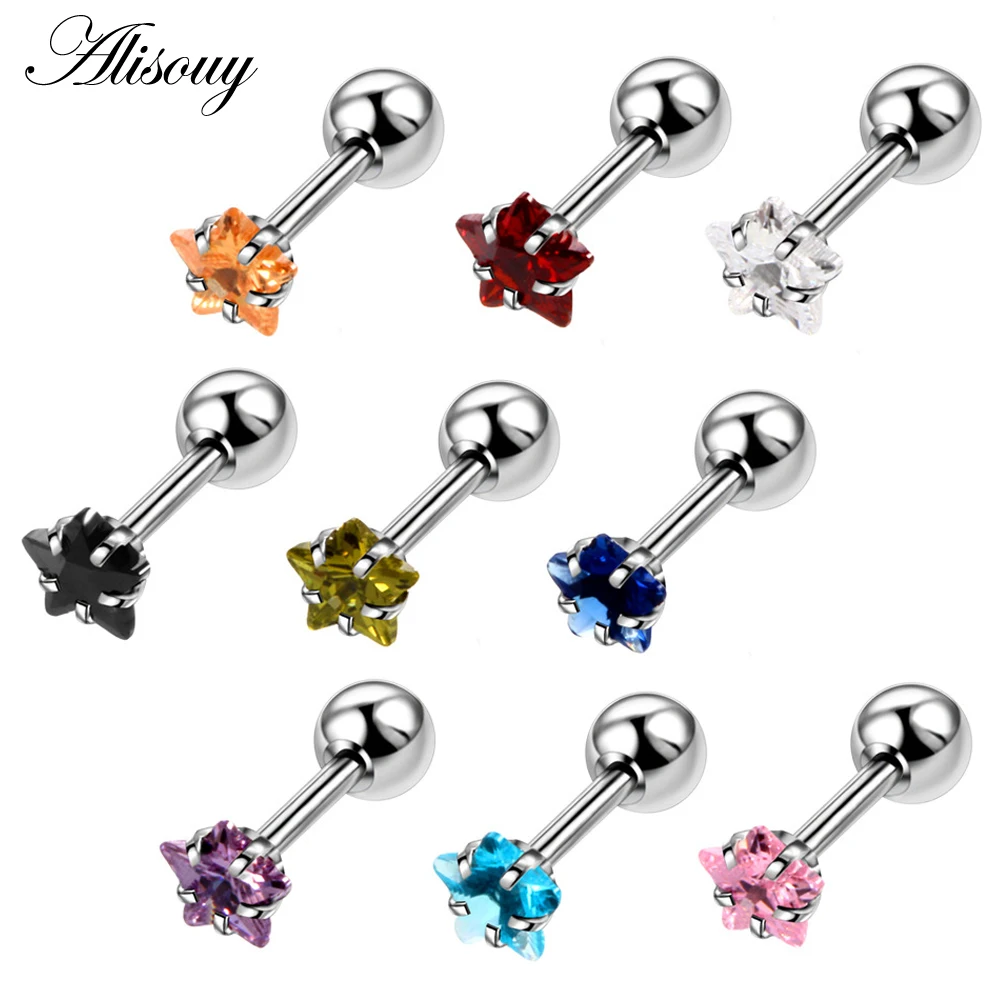 Alisouy 2pcs Star Prong Set Zircon Ear Cartilage Piercing Tragus Helix Studs Piercing Body Jewelry 16g Stianless Steel Earrings