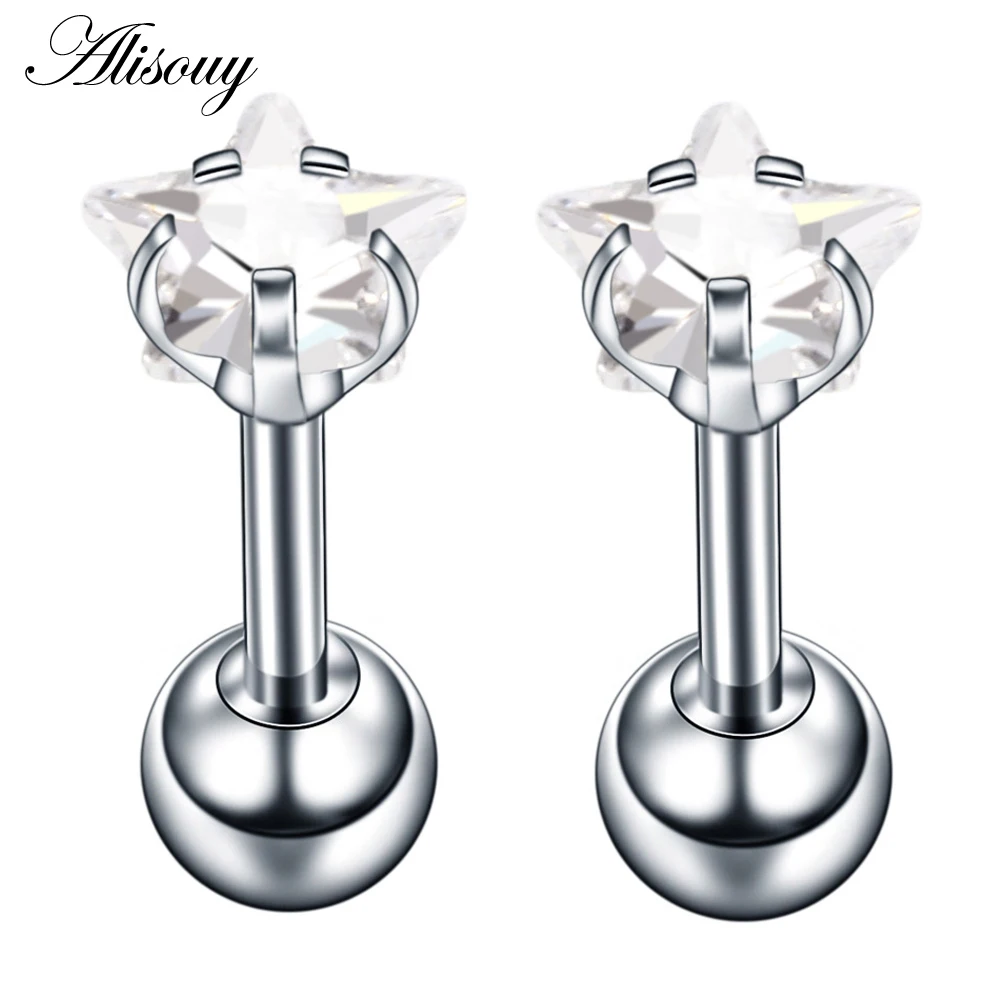 Alisouy 2pcs Star Prong Set Zircon Ear Cartilage Piercing Tragus Helix Studs Piercing Body Jewelry 16g Stianless Steel Earrings