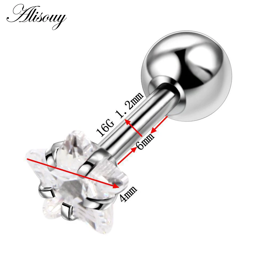 Alisouy 2pcs Star Prong Set Zircon Ear Cartilage Piercing Tragus Helix Studs Piercing Body Jewelry 16g Stianless Steel Earrings