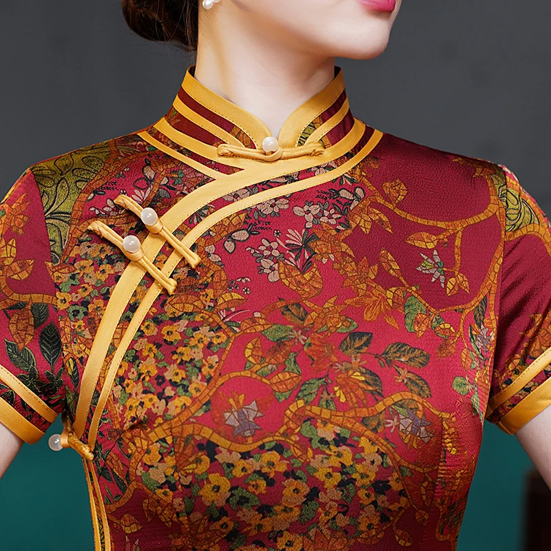 Traditional Mandarin Collar Cheongsam Vintage Classic Lady Long Qipao Sexy Slim Split Chinese Dress Qipao Print Flower Vestidos