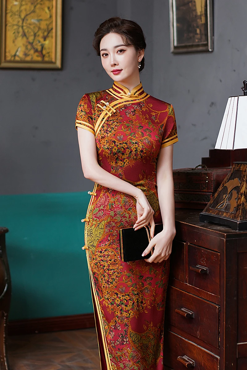 Traditional Mandarin Collar Cheongsam Vintage Classic Lady Long Qipao Sexy Slim Split Chinese Dress Qipao Print Flower Vestidos