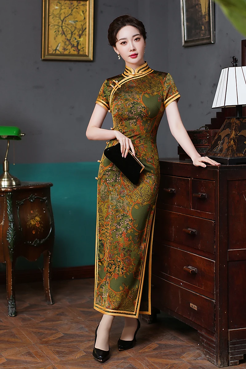 Traditional Mandarin Collar Cheongsam Vintage Classic Lady Long Qipao Sexy Slim Split Chinese Dress Qipao Print Flower Vestidos
