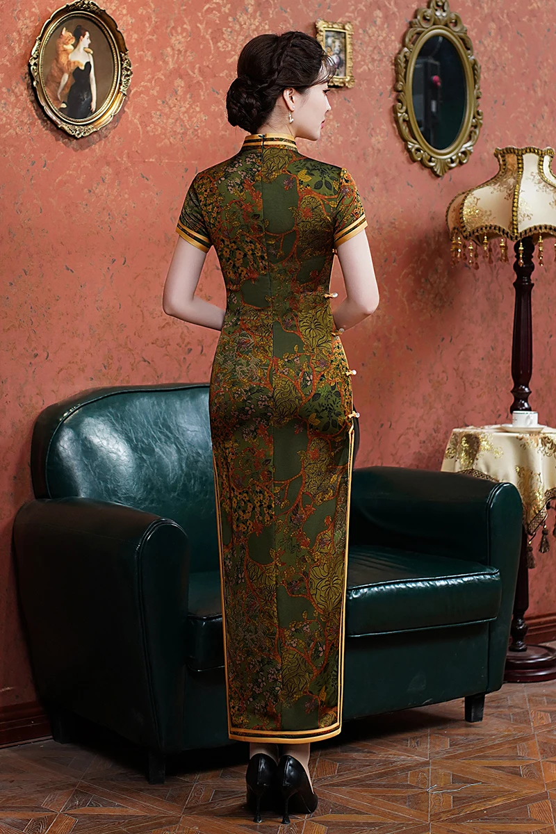 Traditional Mandarin Collar Cheongsam Vintage Classic Lady Long Qipao Sexy Slim Split Chinese Dress Qipao Print Flower Vestidos