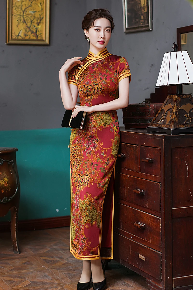 Traditional Mandarin Collar Cheongsam Vintage Classic Lady Long Qipao Sexy Slim Split Chinese Dress Qipao Print Flower Vestidos
