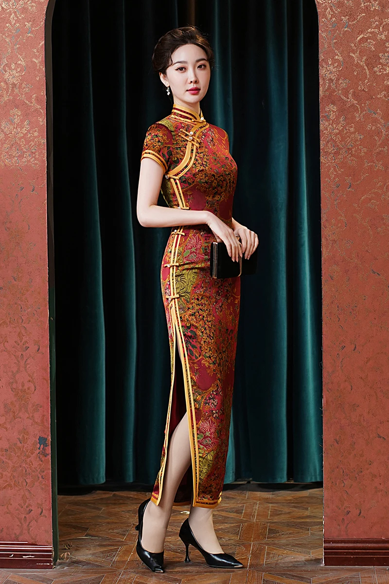Traditional Mandarin Collar Cheongsam Vintage Classic Lady Long Qipao Sexy Slim Split Chinese Dress Qipao Print Flower Vestidos