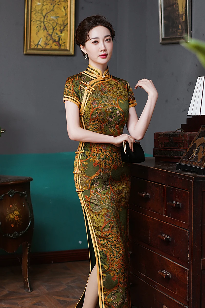 Traditional Mandarin Collar Cheongsam Vintage Classic Lady Long Qipao Sexy Slim Split Chinese Dress Qipao Print Flower Vestidos