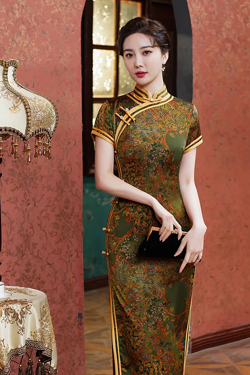 Traditional Mandarin Collar Cheongsam Vintage Classic Lady Long Qipao Sexy Slim Split Chinese Dress Qipao Print Flower Vestidos