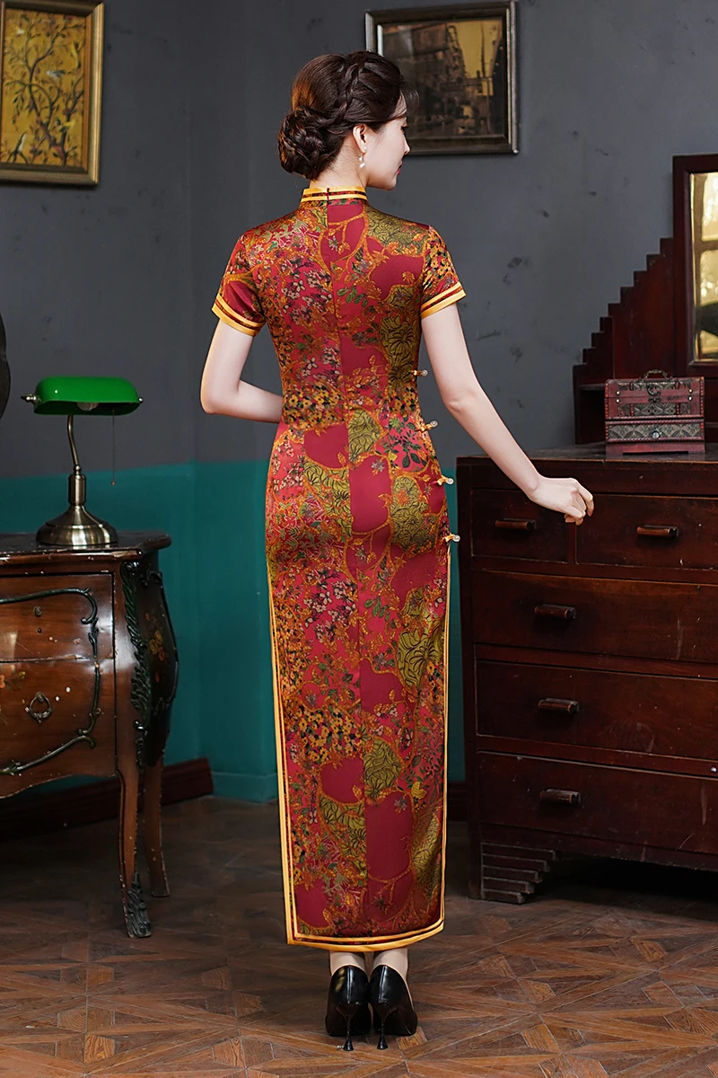Traditional Mandarin Collar Cheongsam Vintage Classic Lady Long Qipao Sexy Slim Split Chinese Dress Qipao Print Flower Vestidos