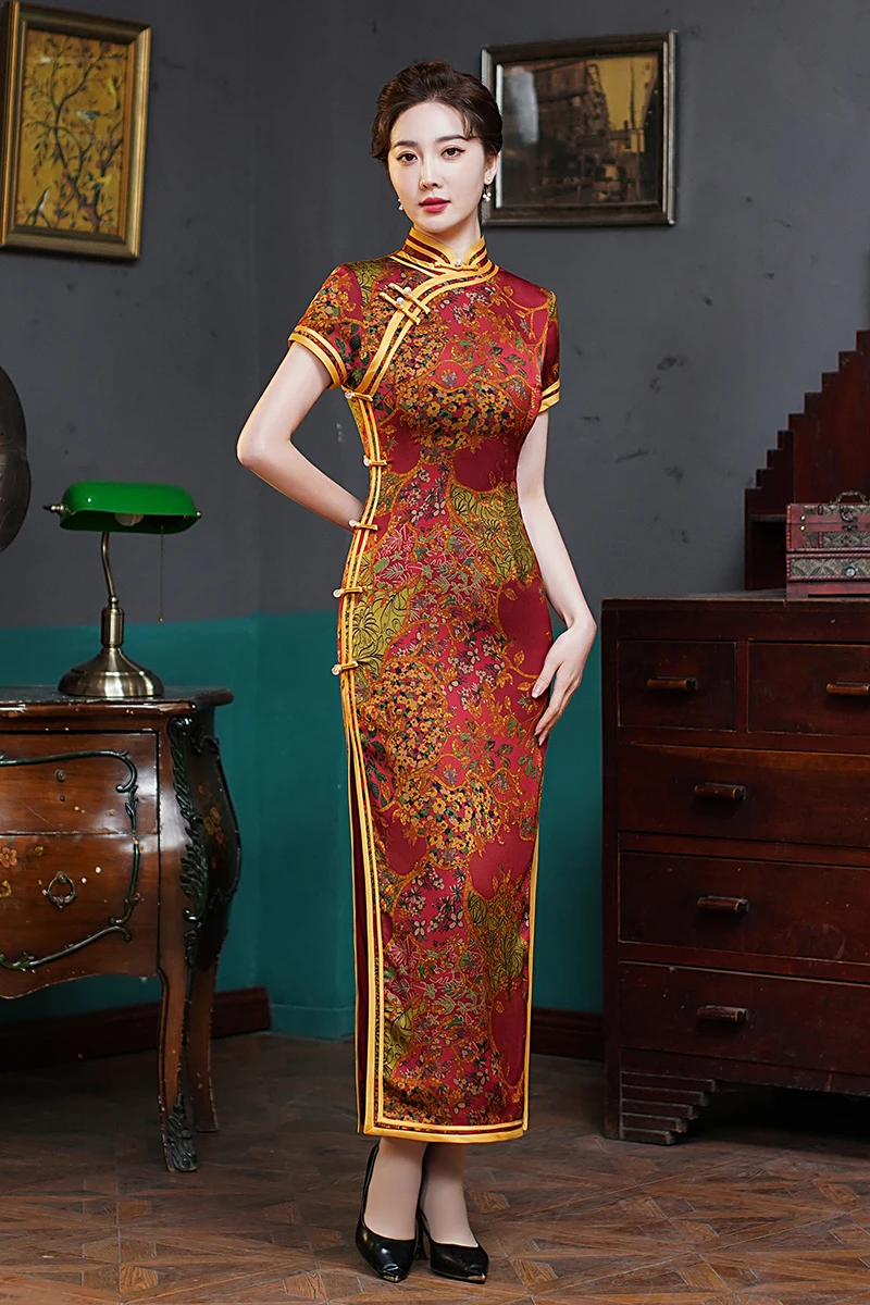 Traditional Mandarin Collar Cheongsam Vintage Classic Lady Long Qipao Sexy Slim Split Chinese Dress Qipao Print Flower Vestidos