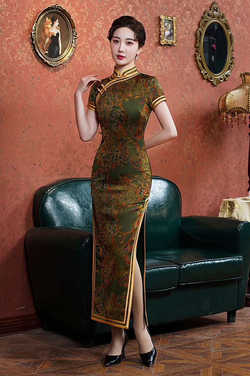 Traditional Mandarin Collar Cheongsam Vintage Classic Lady Long Qipao Sexy Slim Split Chinese Dress Qipao Print Flower Vestidos