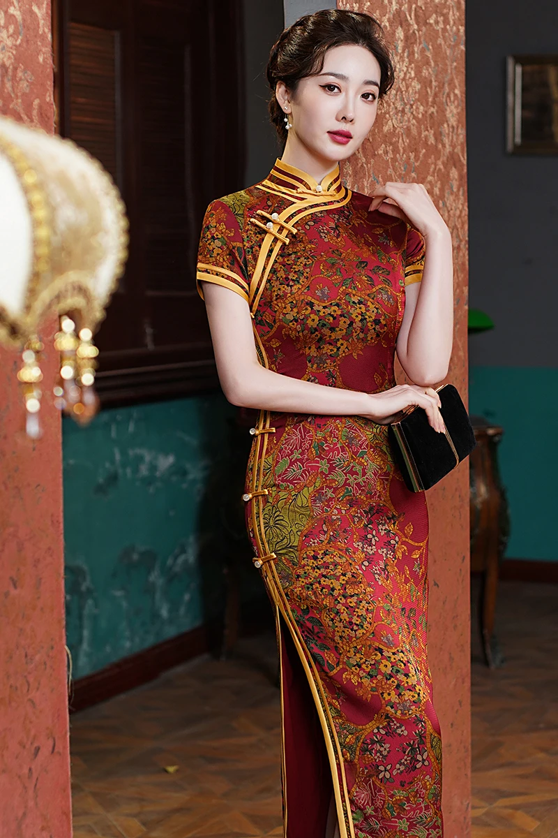 Traditional Mandarin Collar Cheongsam Vintage Classic Lady Long Qipao Sexy Slim Split Chinese Dress Qipao Print Flower Vestidos