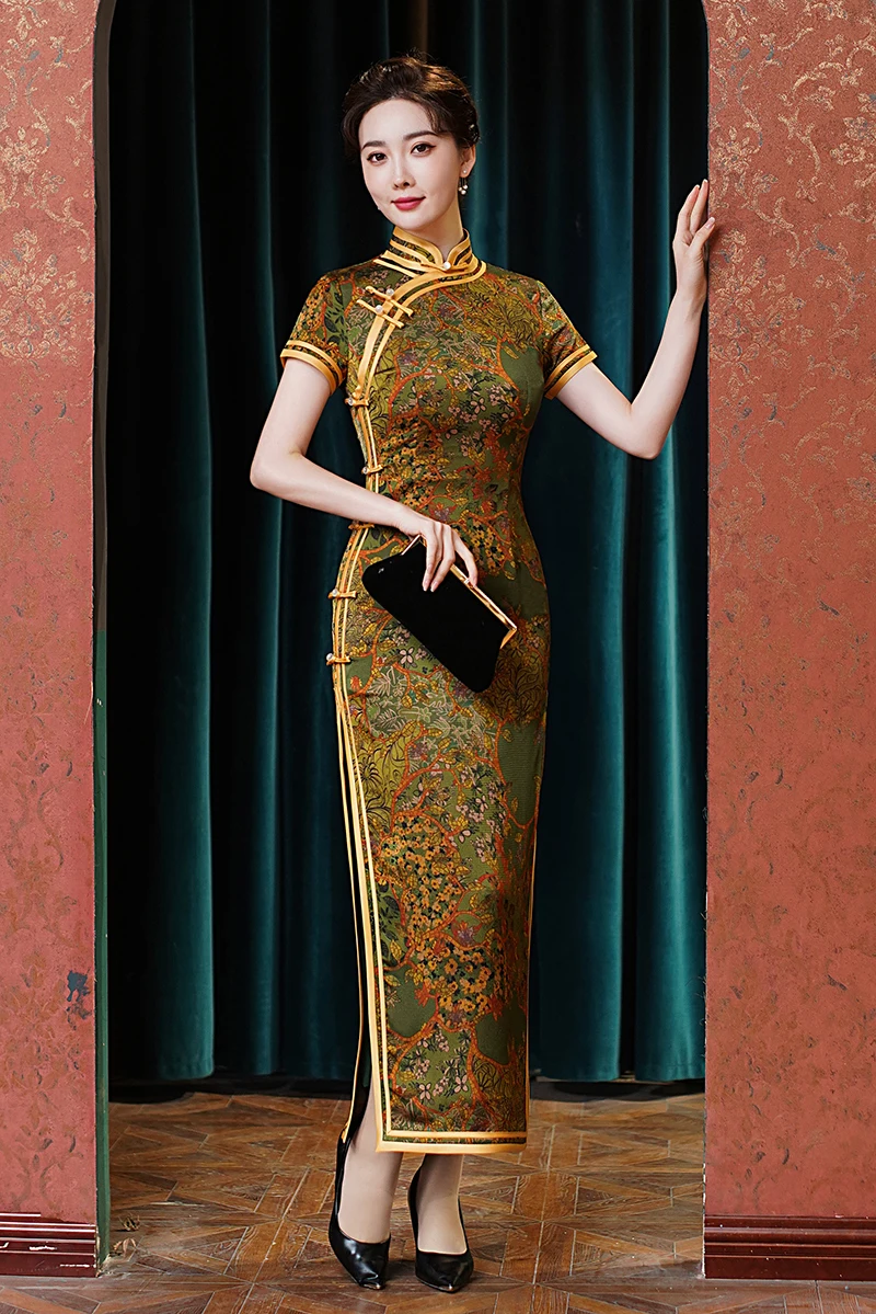 Traditional Mandarin Collar Cheongsam Vintage Classic Lady Long Qipao Sexy Slim Split Chinese Dress Qipao Print Flower Vestidos