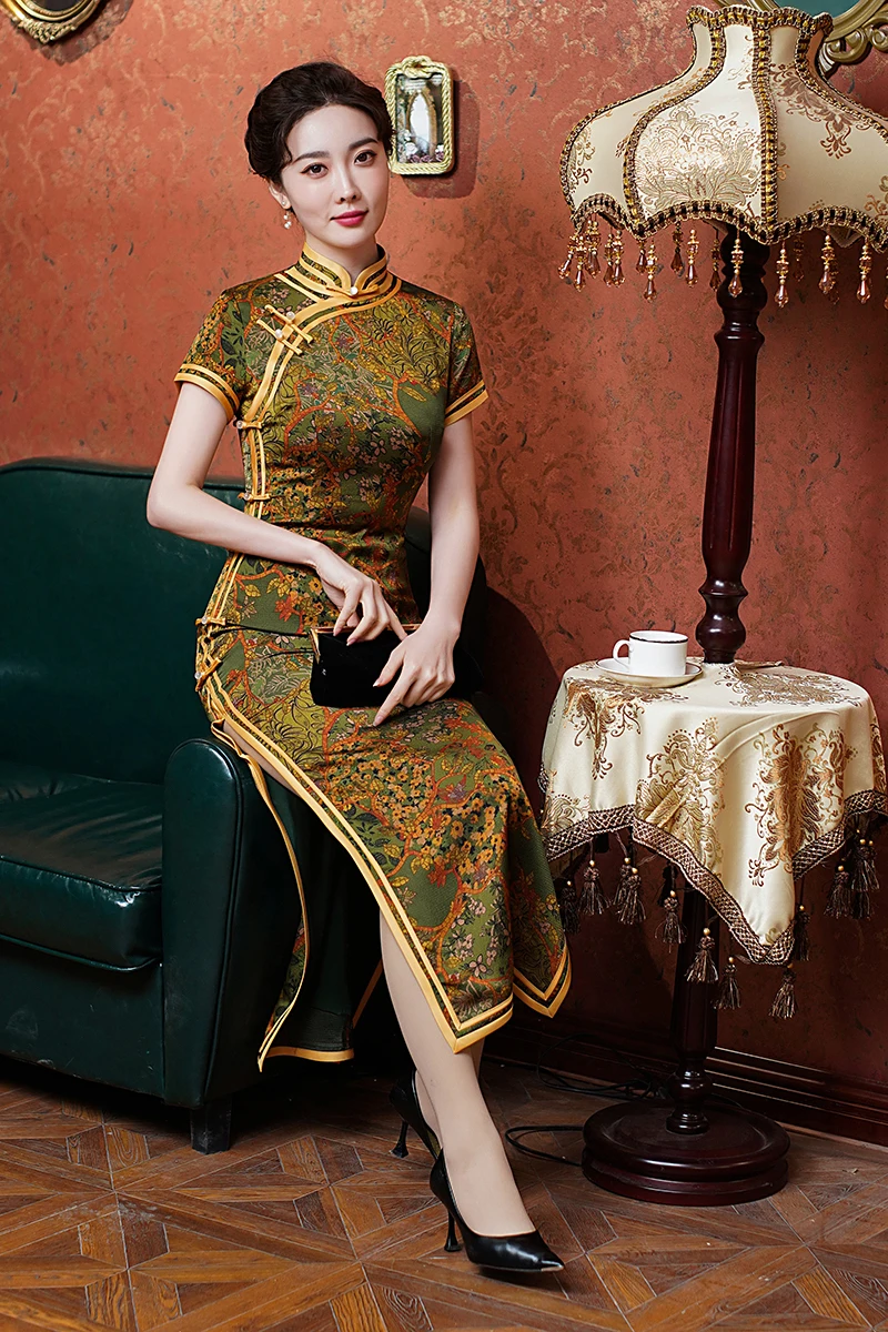 Traditional Mandarin Collar Cheongsam Vintage Classic Lady Long Qipao Sexy Slim Split Chinese Dress Qipao Print Flower Vestidos