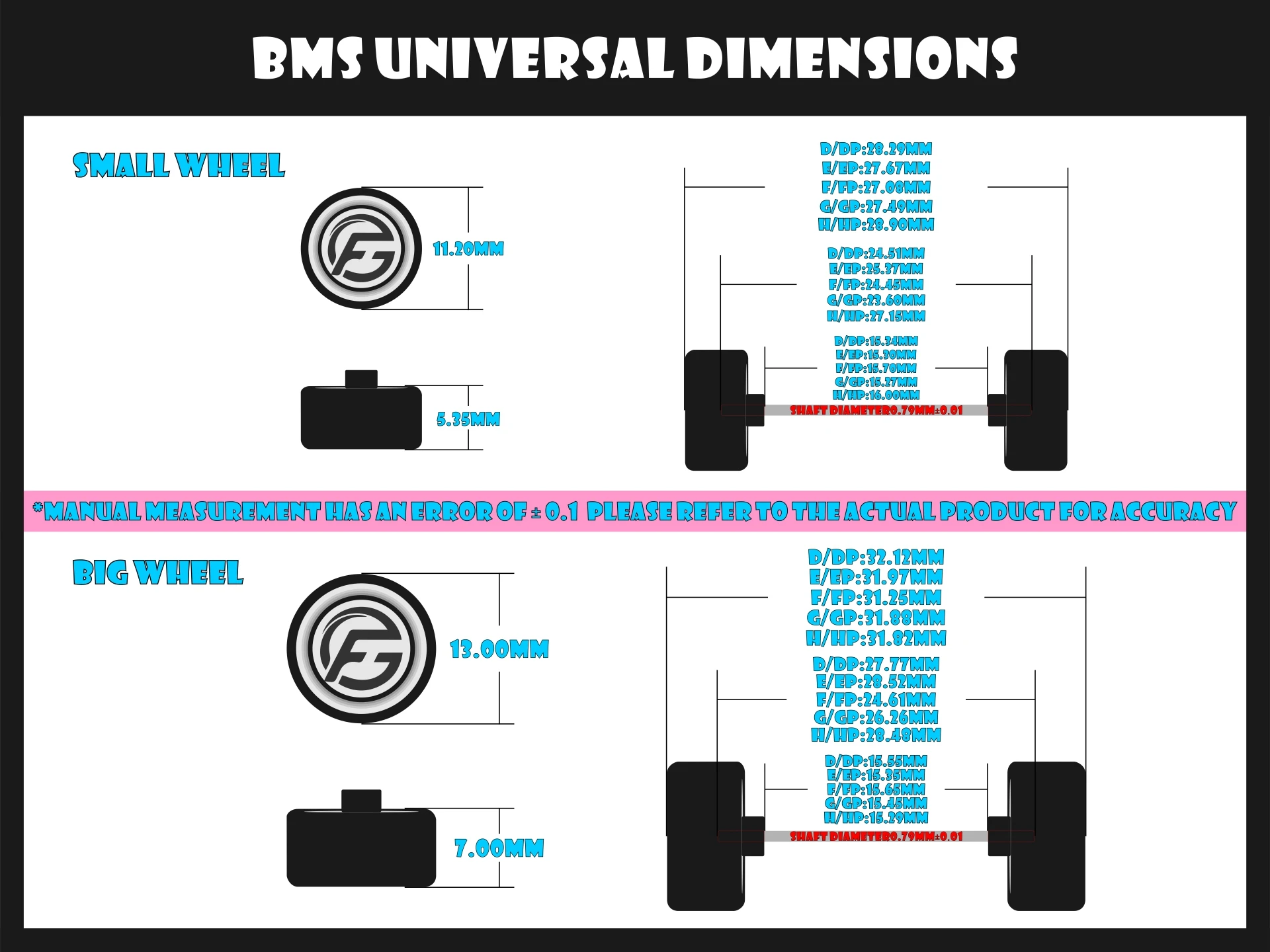 FANSGUY Adult Model Wheels 1Set 1/64 Alloy Car Staggered Front Small Rear Large Wheel 11.2mm+13mm BMS-F/FP Serie