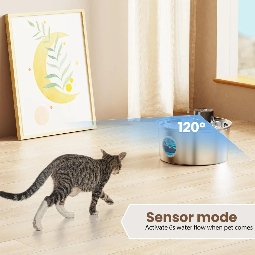 108 oz/3.2L Stainless Steel Cordless 5V Cat Dog Pet Drink Water Fountain Rechargeable Automatic Water Feeder Motion Sensor Bowl