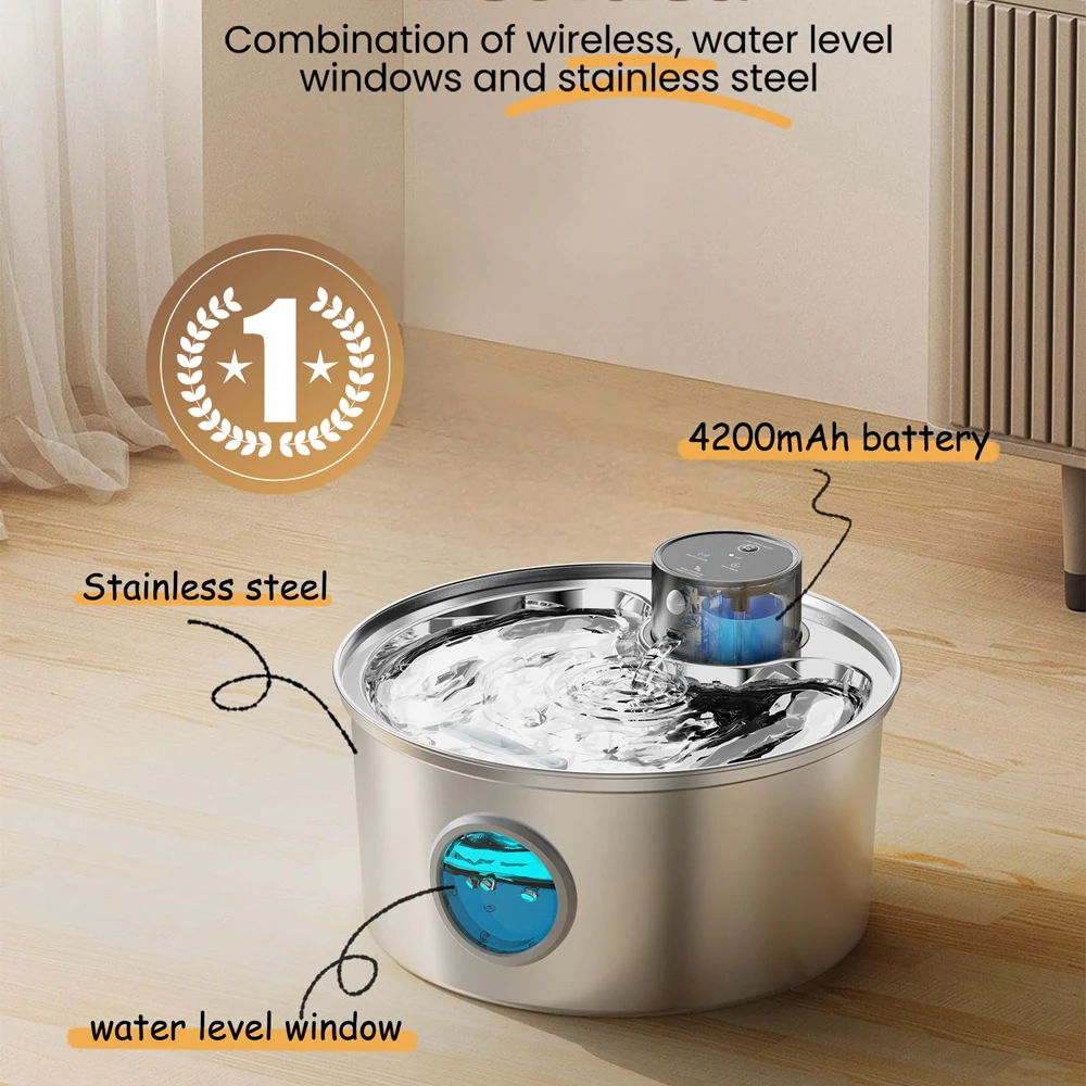 108 oz/3.2L Stainless Steel Cordless 5V Cat Dog Pet Drink Water Fountain Rechargeable Automatic Water Feeder Motion Sensor Bowl