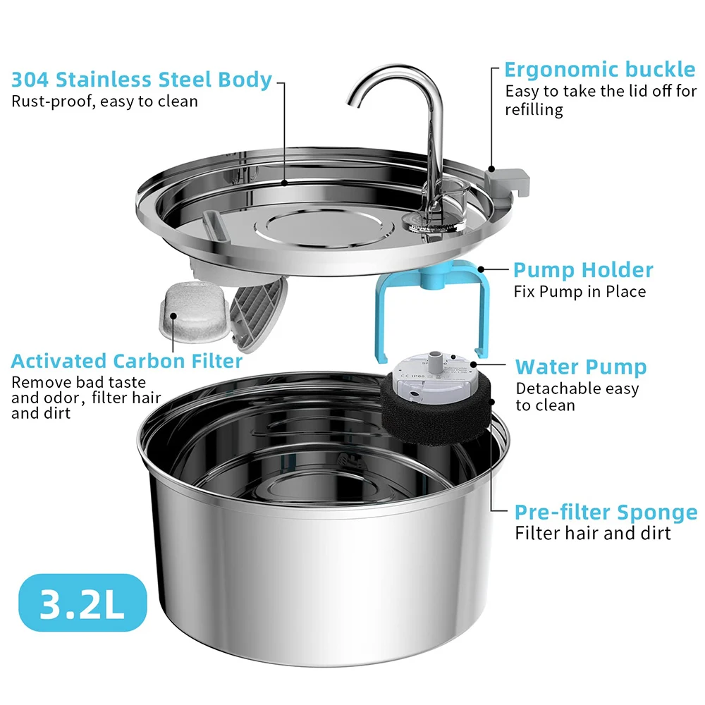 108 oz/3.2L Stainless Steel Cordless 5V Cat Dog Pet Drink Water Fountain Rechargeable Automatic Water Feeder Motion Sensor Bowl