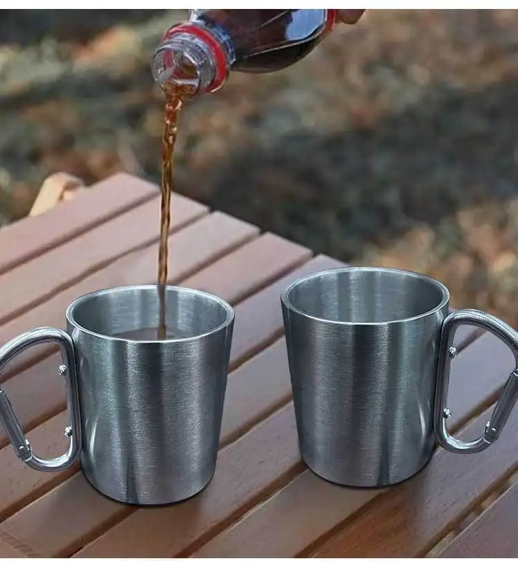 200ml Outdoor Camping Mug Stainless Steel Cup Traveling with Carabiner Handle Coffee Tea Mug Cookware Set Outdoor