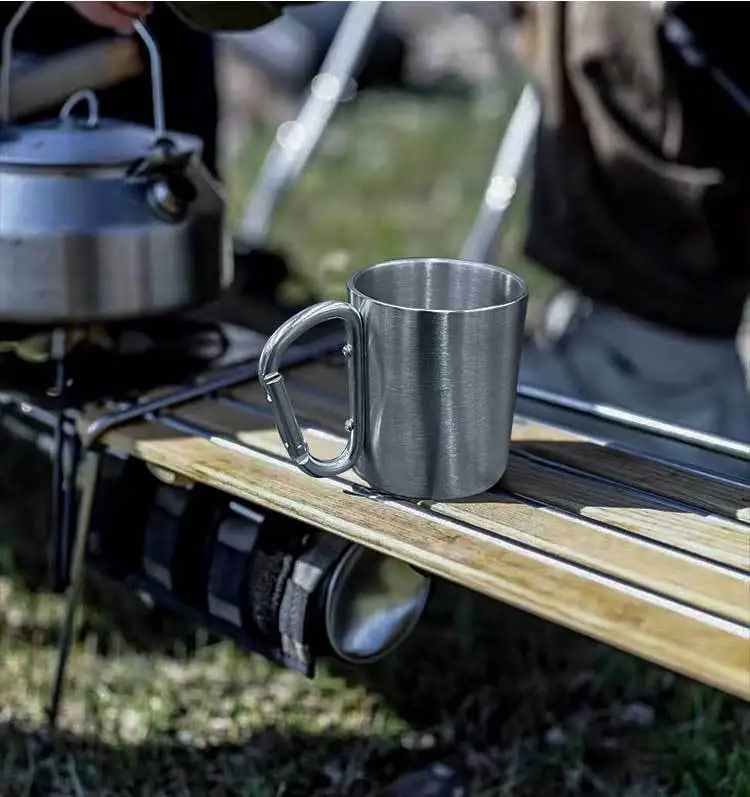 200ml Outdoor Camping Mug Stainless Steel Cup Traveling with Carabiner Handle Coffee Tea Mug Cookware Set Outdoor