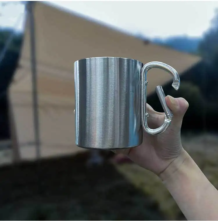 200ml Outdoor Camping Mug Stainless Steel Cup Traveling with Carabiner Handle Coffee Tea Mug Cookware Set Outdoor