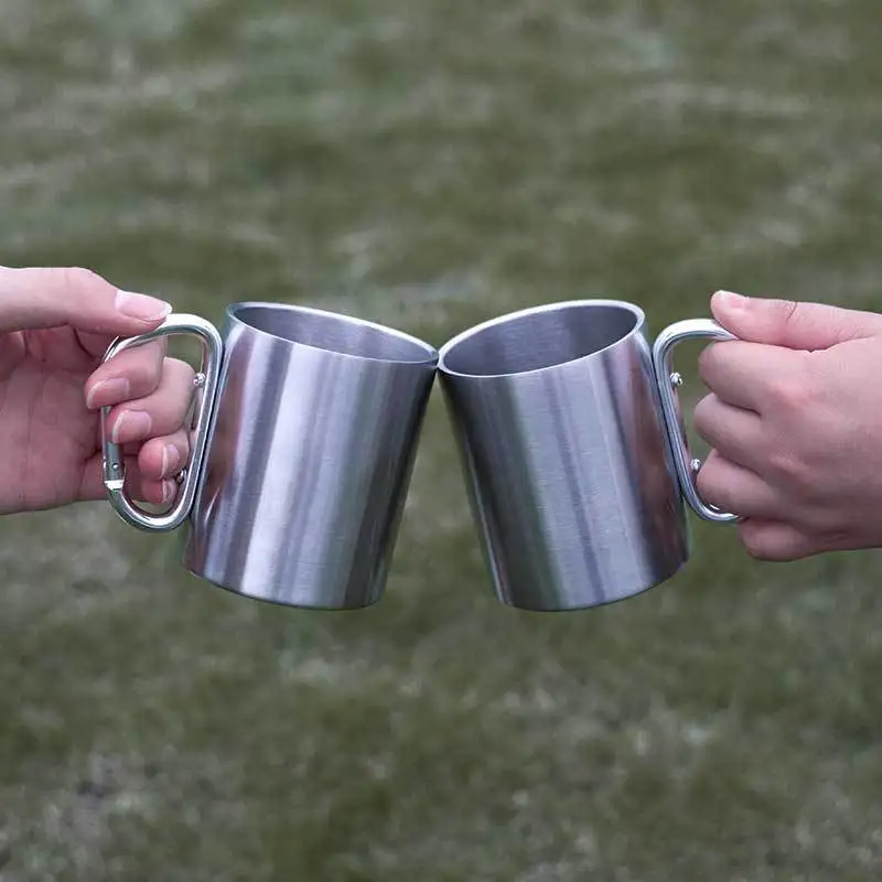 200ml Outdoor Camping Mug Stainless Steel Cup Traveling with Carabiner Handle Coffee Tea Mug Cookware Set Outdoor