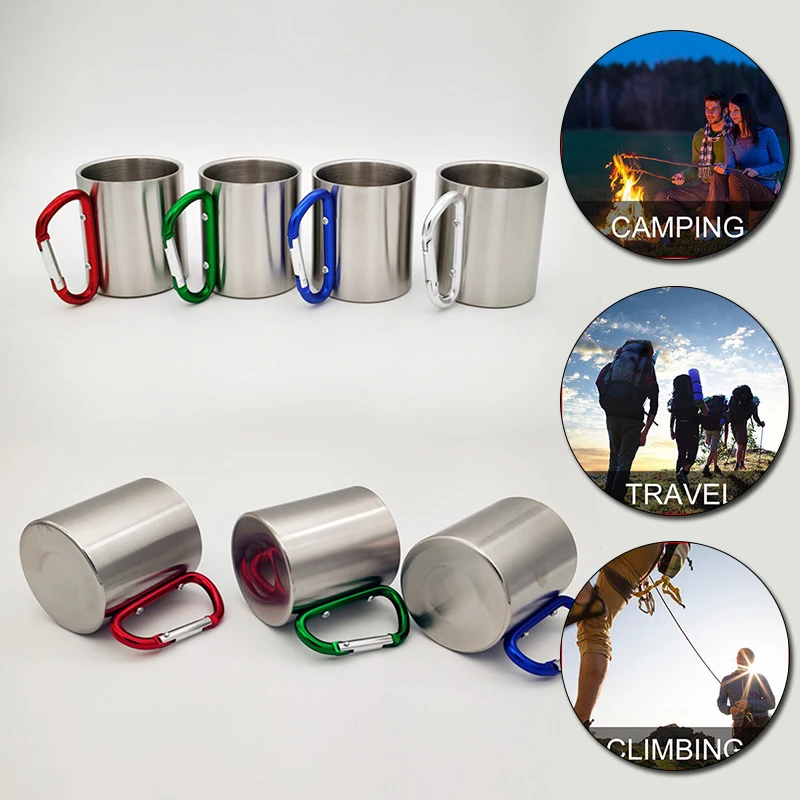 200ml Outdoor Camping Mug Stainless Steel Cup Traveling with Carabiner Handle Coffee Tea Mug Cookware Set Outdoor