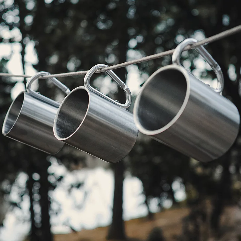 200ml Outdoor Camping Mug Stainless Steel Cup Traveling with Carabiner Handle Coffee Tea Mug Cookware Set Outdoor