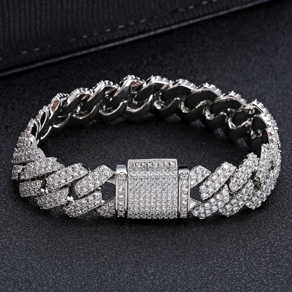 ESKEEM 14mm Bling Iced Out Cuban Zirconia Cuban Miami Prong Link For Women Men Hip Hop Street Bracelets Jewelry Wholesale