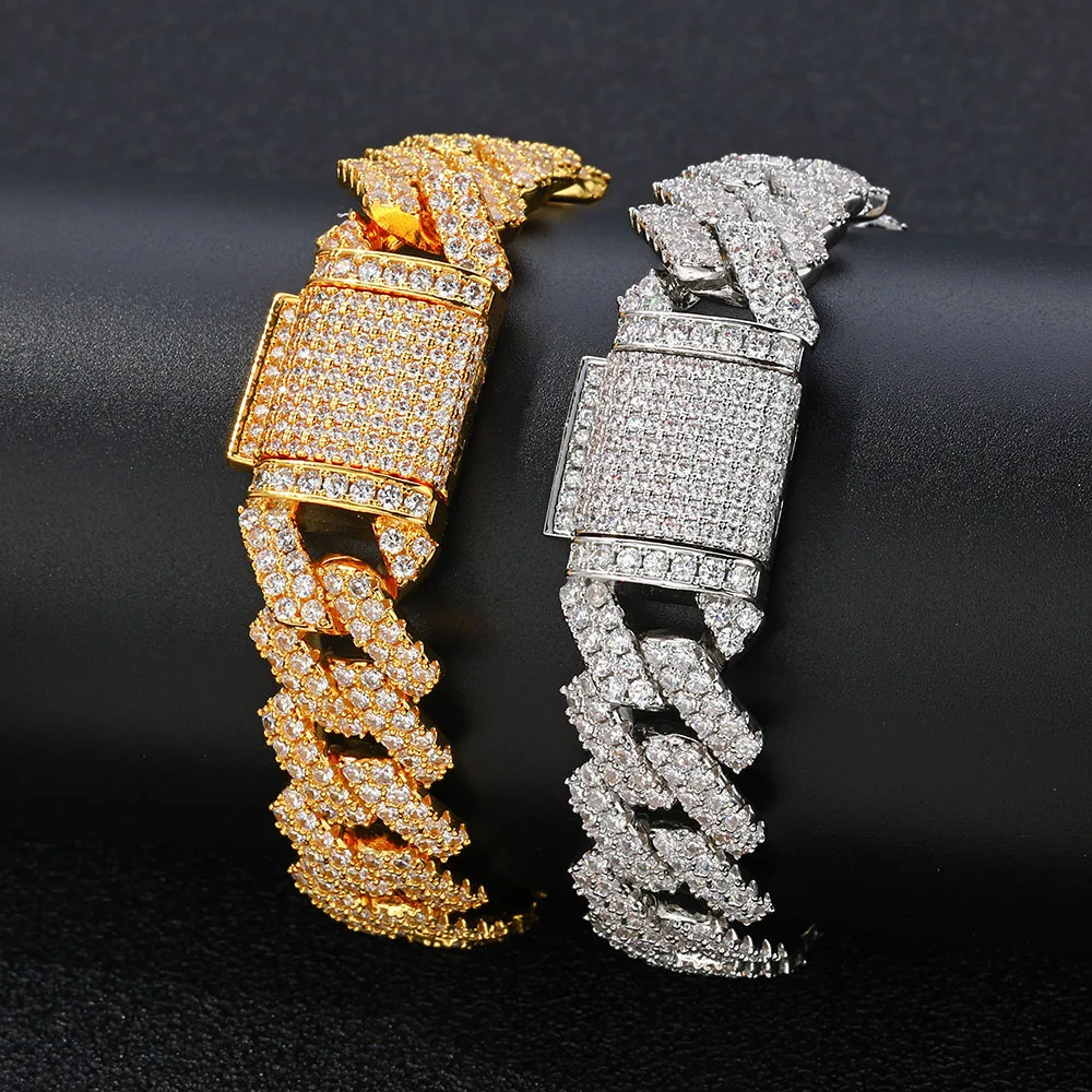 ESKEEM 14mm Bling Iced Out Cuban Zirconia Cuban Miami Prong Link For Women Men Hip Hop Street Bracelets Jewelry Wholesale