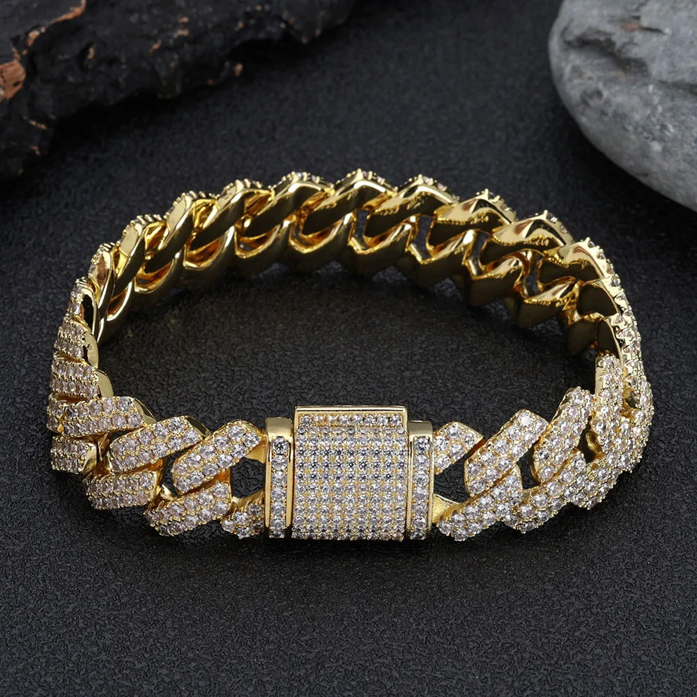 ESKEEM 14mm Bling Iced Out Cuban Zirconia Cuban Miami Prong Link For Women Men Hip Hop Street Bracelets Jewelry Wholesale