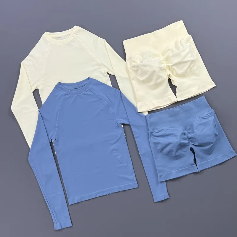 HISTELLO 2 Piece Gym Set Women Sports Long Sleeve Top and Shorts Sets Lightweight Fitness Clothes Pilates Yoga Sportswear Outfit