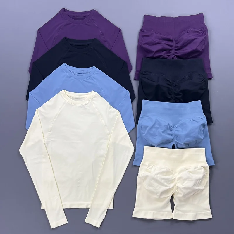 HISTELLO 2 Piece Gym Set Women Sports Long Sleeve Top and Shorts Sets Lightweight Fitness Clothes Pilates Yoga Sportswear Outfit