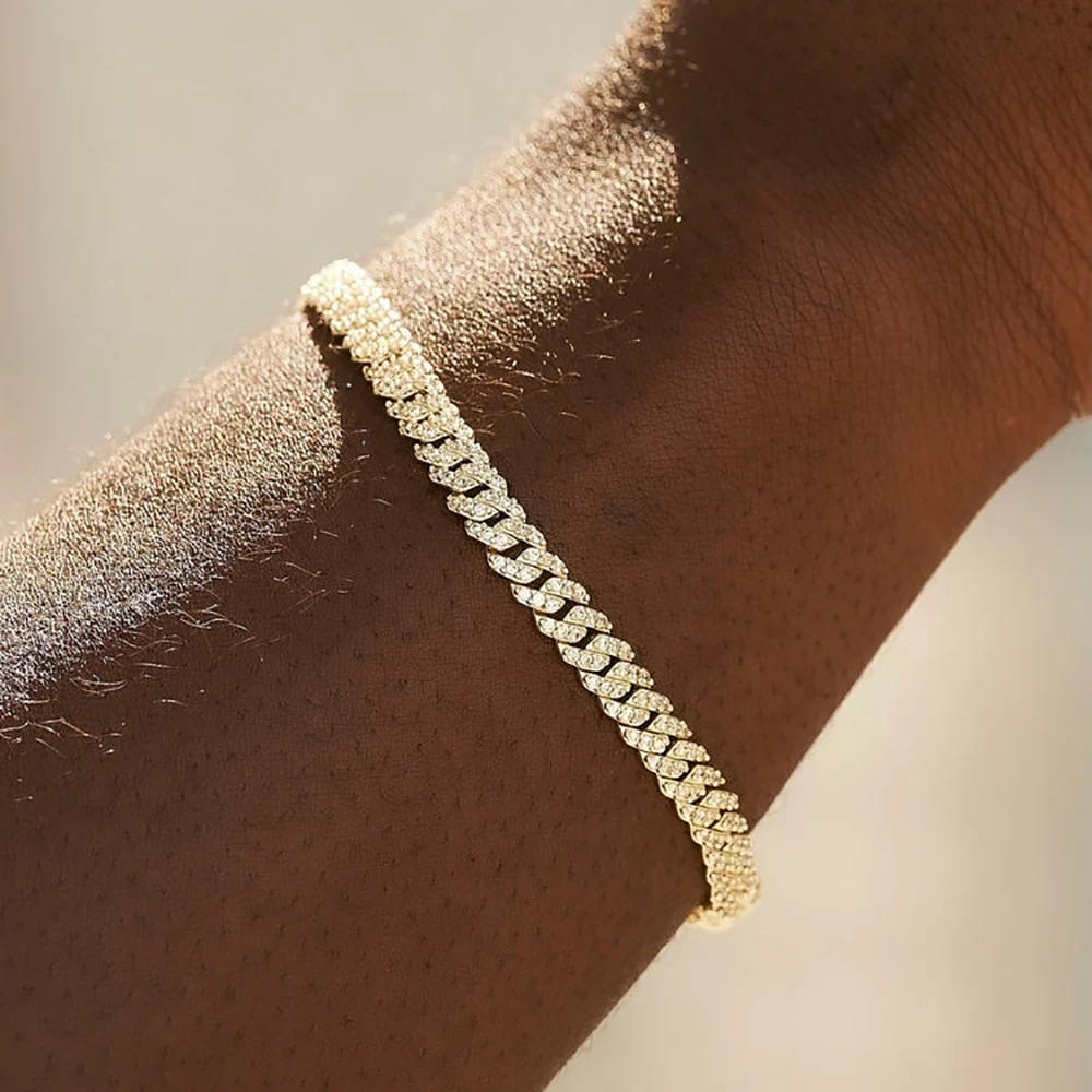 6mm Cuban Chain Women Bracelet Real Gold Plated Hip Hop Rock Street Jewelry Iced Out Cuban Bracelet Charms Birthday Gift