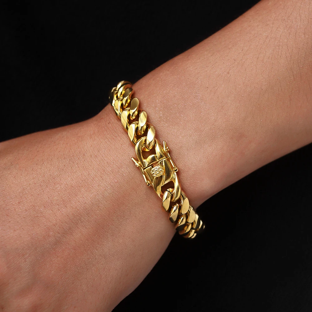 6mm-14mm18k Gold Plated Stainless Steel Cuban Bracelets Curb Cuban Link Chain Bracelets For Hiphop Jewelry