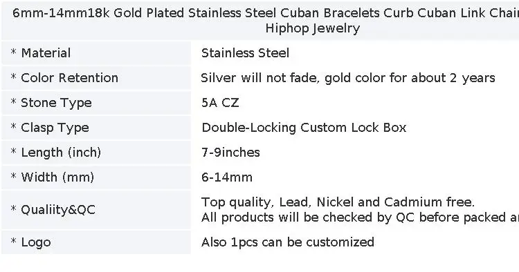 6mm-14mm18k Gold Plated Stainless Steel Cuban Bracelets Curb Cuban Link Chain Bracelets For Hiphop Jewelry