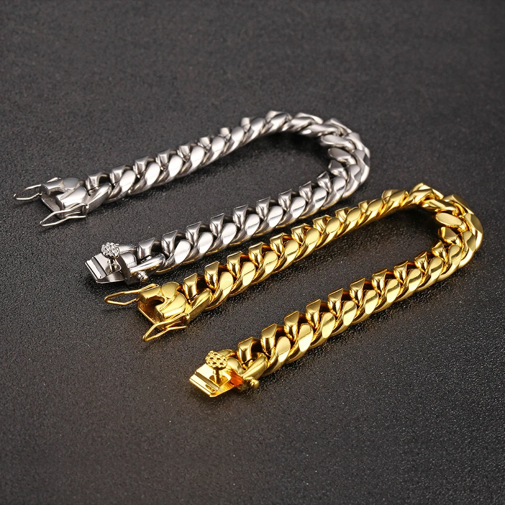 6mm-14mm18k Gold Plated Stainless Steel Cuban Bracelets Curb Cuban Link Chain Bracelets For Hiphop Jewelry
