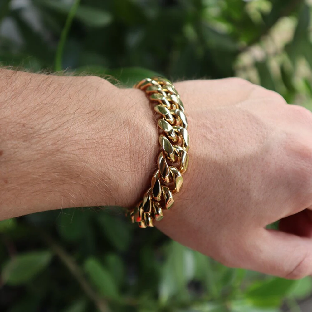 6mm-14mm18k Gold Plated Stainless Steel Cuban Bracelets Curb Cuban Link Chain Bracelets For Hiphop Jewelry