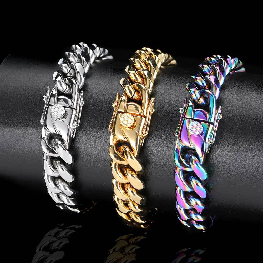 6mm-14mm18k Gold Plated Stainless Steel Cuban Bracelets Curb Cuban Link Chain Bracelets For Hiphop Jewelry