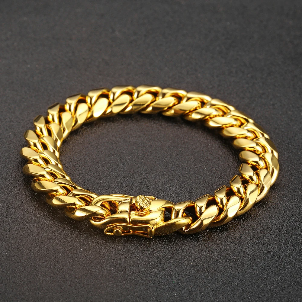 6mm-14mm18k Gold Plated Stainless Steel Cuban Bracelets Curb Cuban Link Chain Bracelets For Hiphop Jewelry