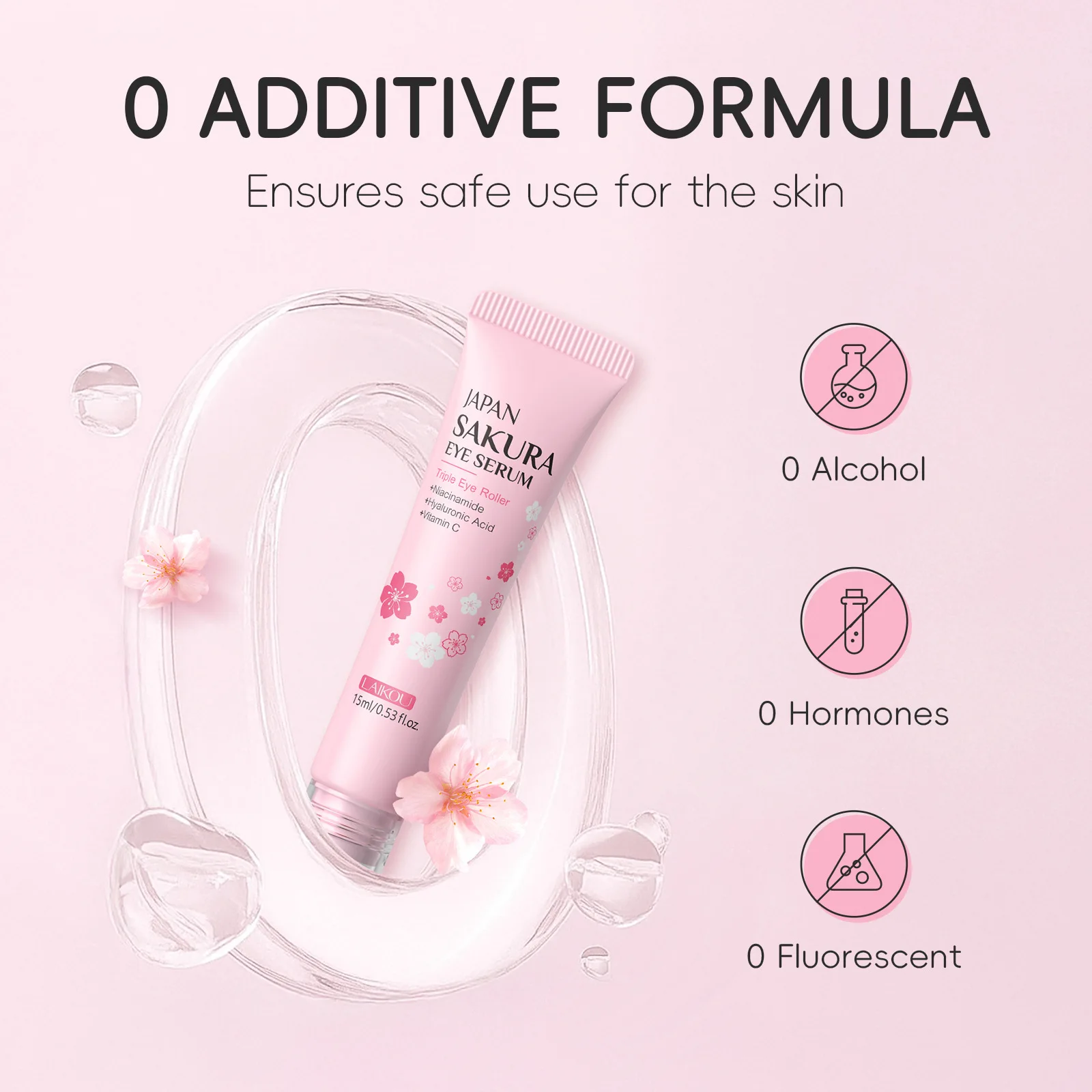 LAIKOU 15ml Sakura Roller Eye Serum Hyaluronic Acid Moisturizing Fade Dark Circles Eye Bags Fine Lines Massage Eye Care