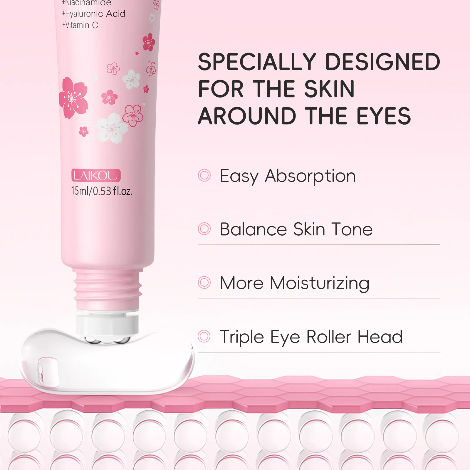 LAIKOU 15ml Sakura Roller Eye Serum Hyaluronic Acid Moisturizing Fade Dark Circles Eye Bags Fine Lines Massage Eye Care