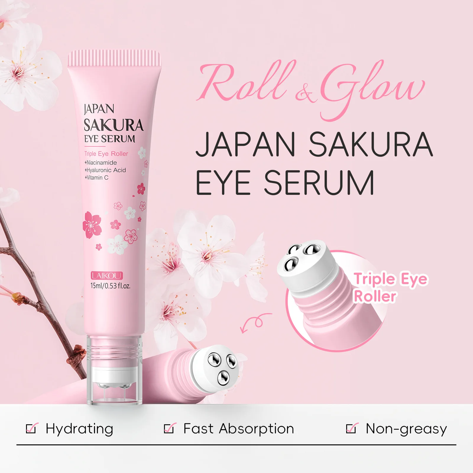 LAIKOU 15ml Sakura Roller Eye Serum Hyaluronic Acid Moisturizing Fade Dark Circles Eye Bags Fine Lines Massage Eye Care
