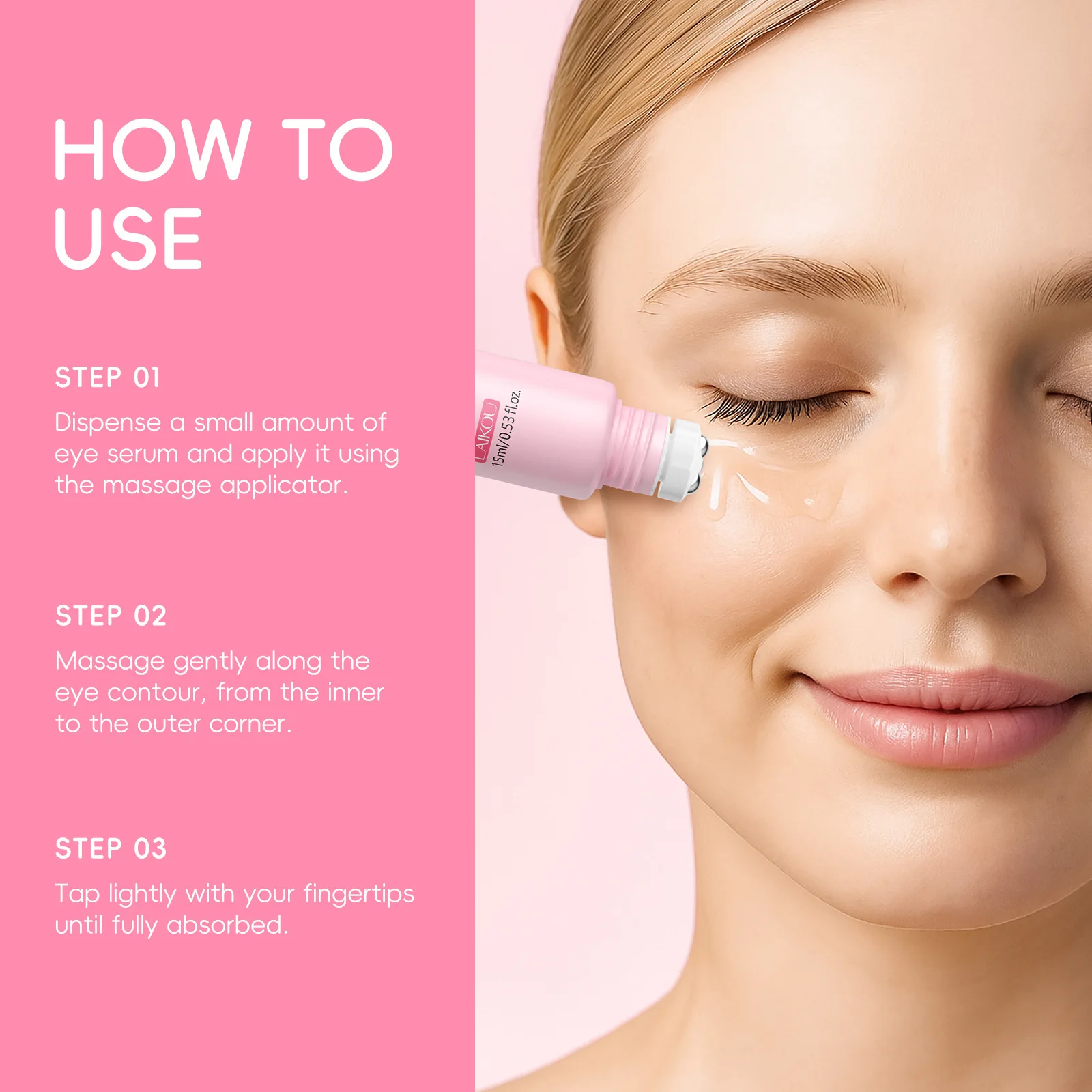 LAIKOU 15ml Sakura Roller Eye Serum Hyaluronic Acid Moisturizing Fade Dark Circles Eye Bags Fine Lines Massage Eye Care
