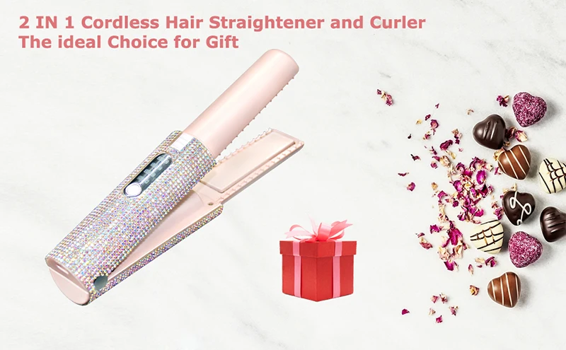 2-IN-1 Electric USB Hair Straightener Curler Fashion Colored Diamond Design Wireless Travel Hair Straightening Styler Brush