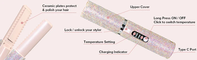 2-IN-1 Electric USB Hair Straightener Curler Fashion Colored Diamond Design Wireless Travel Hair Straightening Styler Brush