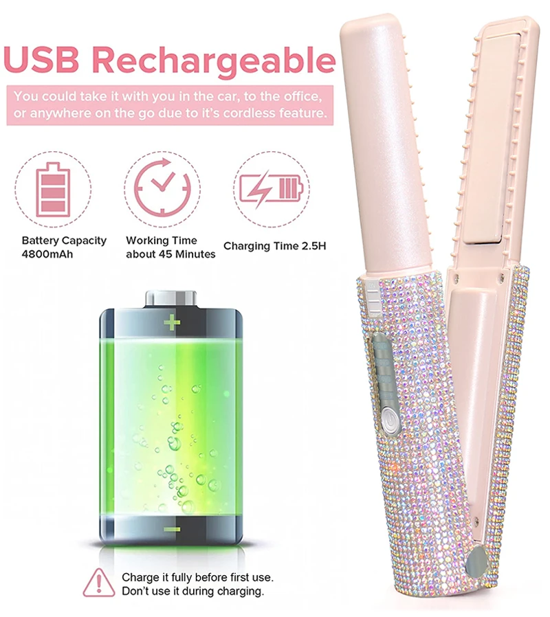 2-IN-1 Electric USB Hair Straightener Curler Fashion Colored Diamond Design Wireless Travel Hair Straightening Styler Brush