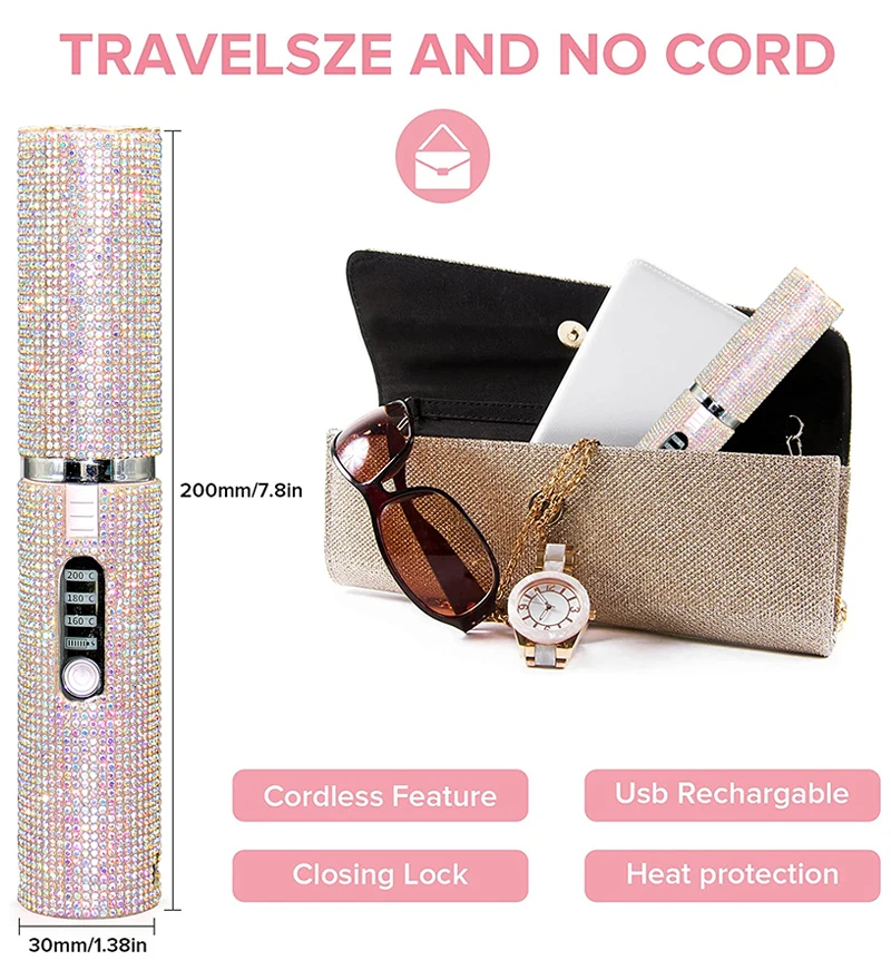 2-IN-1 Electric USB Hair Straightener Curler Fashion Colored Diamond Design Wireless Travel Hair Straightening Styler Brush